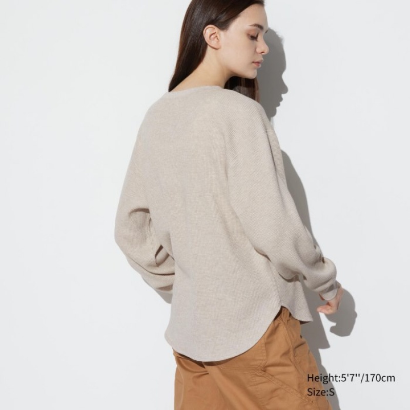 Camiseta Uniqlo Waffle Crew Neck Long-Sleeve Mujer Rosas | 5557108