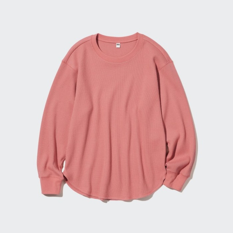 Camiseta Uniqlo Waffle Crew Neck Long-Sleeve Mujer Rosas | 5557108