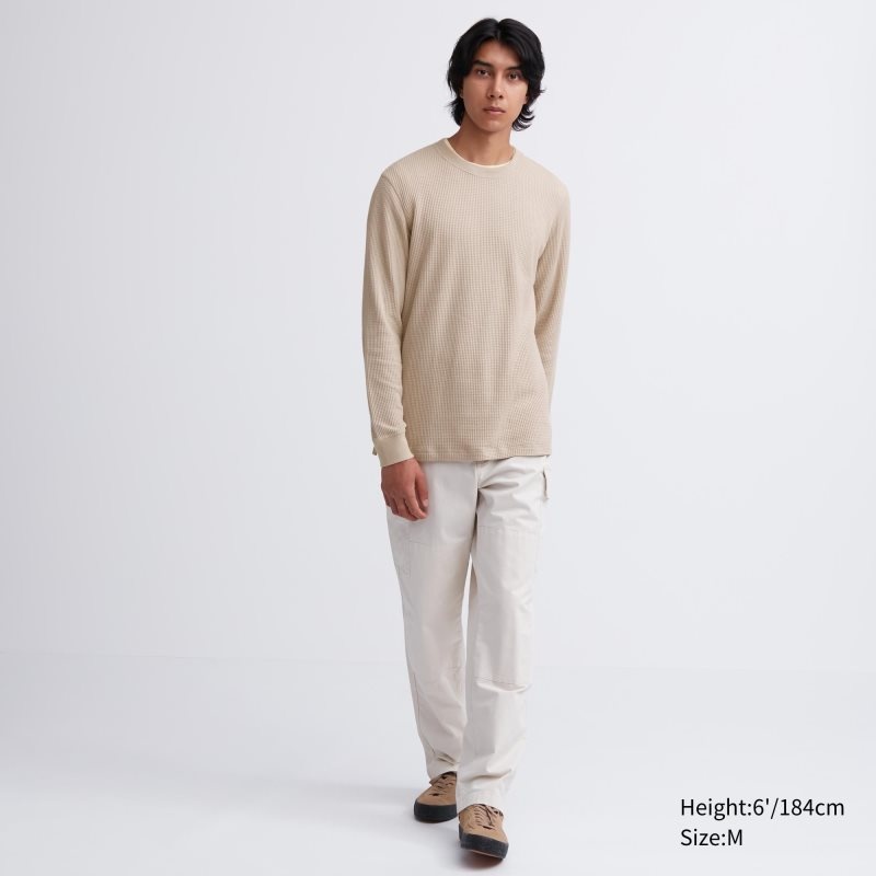 Camiseta Uniqlo Waffle Crew Neck Long-Sleeve Hombre Beige | 8821289
