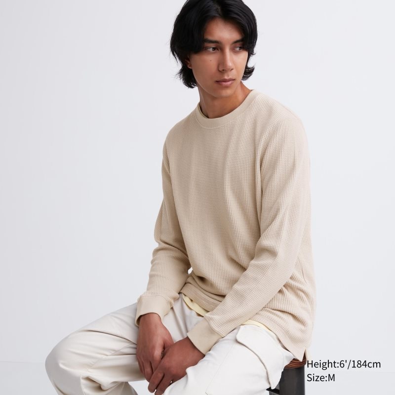 Camiseta Uniqlo Waffle Crew Neck Long-Sleeve Hombre Beige | 8821289