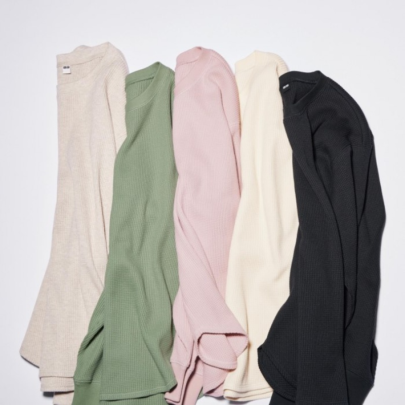 Camiseta Uniqlo Waffle Crew Neck Long-Sleeve Mujer Beige | 4276750