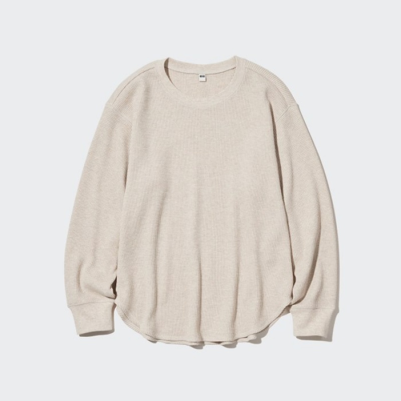 Camiseta Uniqlo Waffle Crew Neck Long-Sleeve Mujer Beige | 4276750
