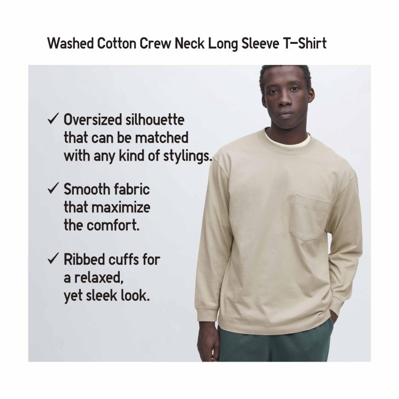 Camiseta Uniqlo Washed Cotton Crew Neck Long-sleeve Hombre Verde | 4364870