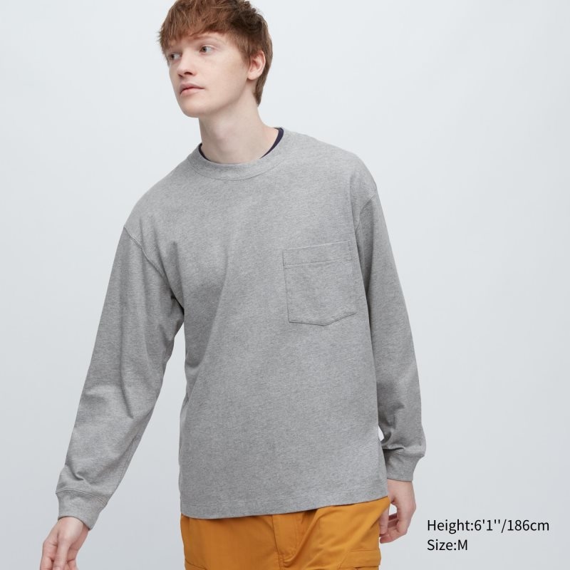 Camiseta Uniqlo Washed Cotton Crew Neck Long-sleeve Hombre Gris | 5505762