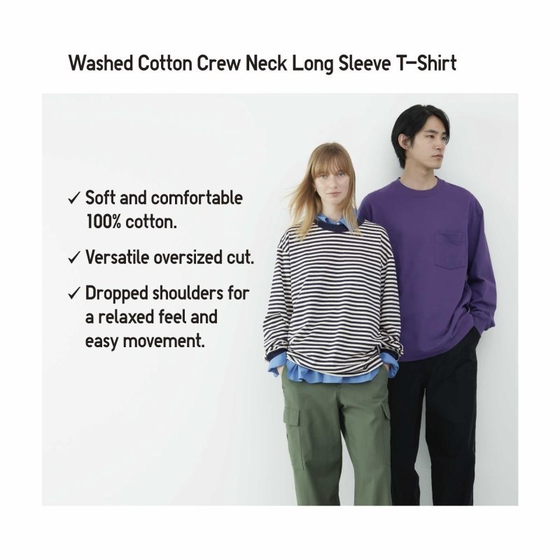 Camiseta Uniqlo Washed Cotton Oversized Crew Neck Long-sleeve Striped Hombre Azul Marino | 5184778