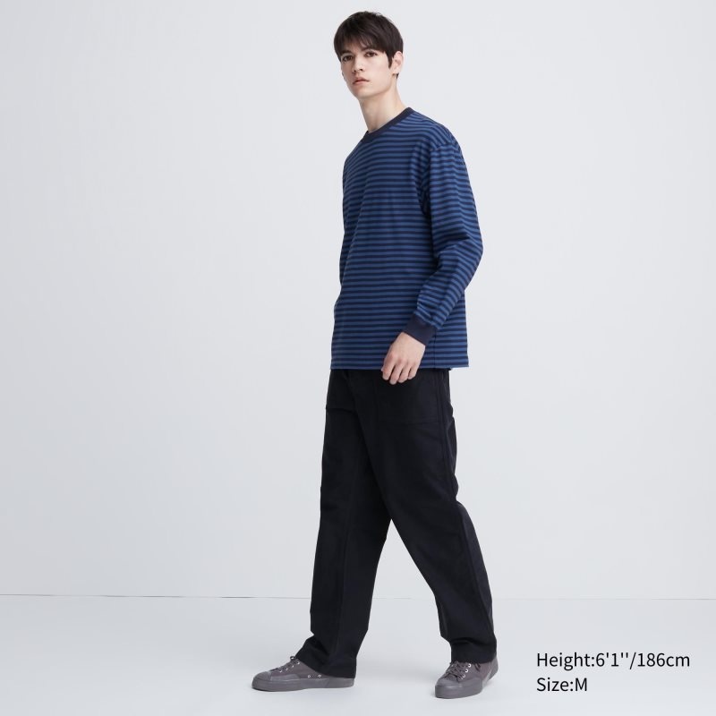 Camiseta Uniqlo Washed Cotton Oversized Crew Neck Long-sleeve Striped Hombre Azul Marino | 5184778