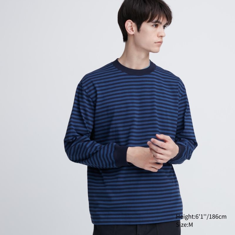 Camiseta Uniqlo Washed Cotton Oversized Crew Neck Long-sleeve Striped Hombre Azul Marino | 5184778
