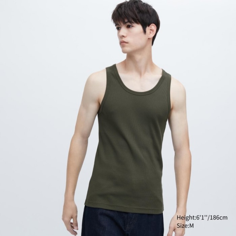 Camiseta sin Manga Uniqlo Dry Color Ribbed Mujer Verde Oliva | 6044552