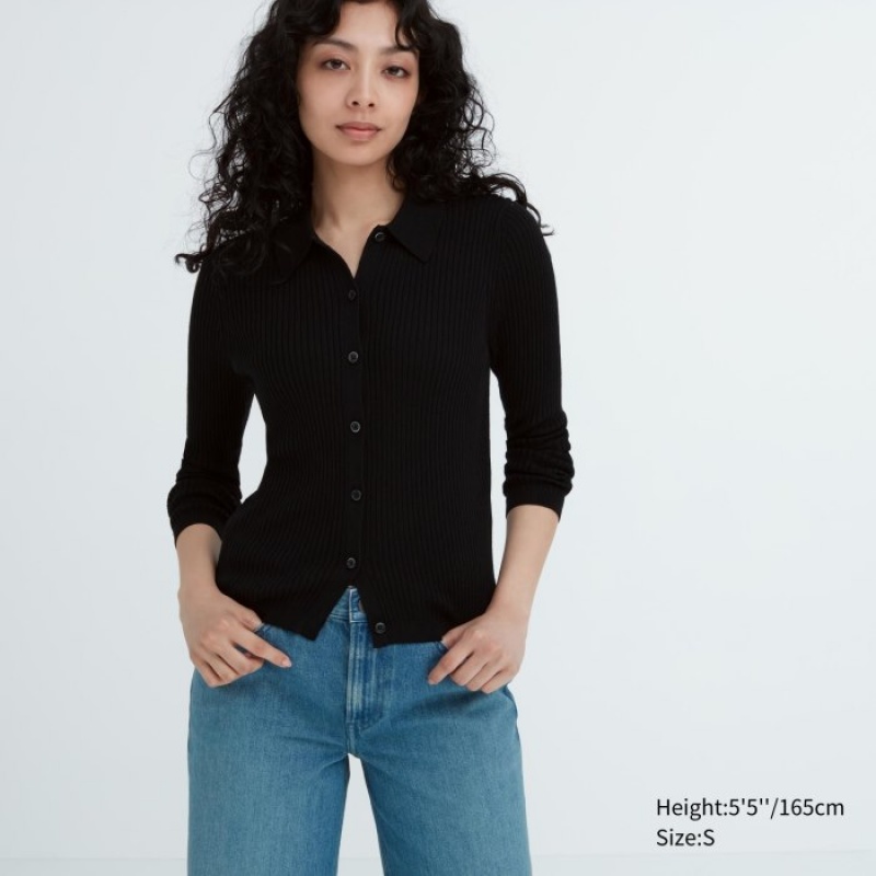 Cárdigan Uniqlo Extra Fine Merino Ribbed Polo Mujer Negras | 7457071