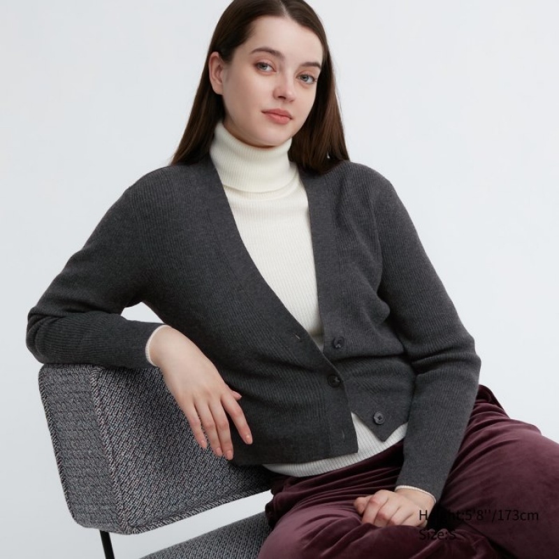 Cárdigan Uniqlo Washable Knit Ribbed Long-Sleeve Mujer Gris | 3423600