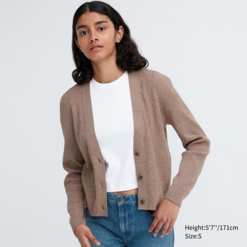 Cárdigan Uniqlo Washable Knit Ribbed Long-Sleeve Mujer Kaki | 4133269