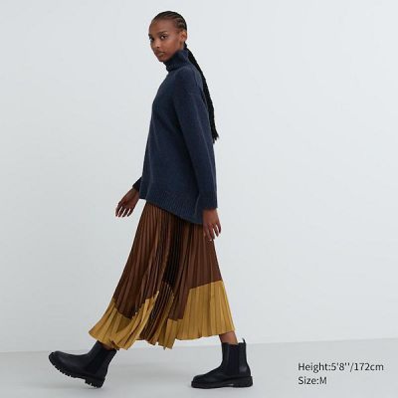 Falda Uniqlo Pleated Color Block Mujer Marrones | 9987115