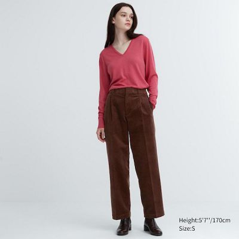 Pantalon Uniqlo Corduroy Wide-Fit Pleated Mujer Marrones | 4683530