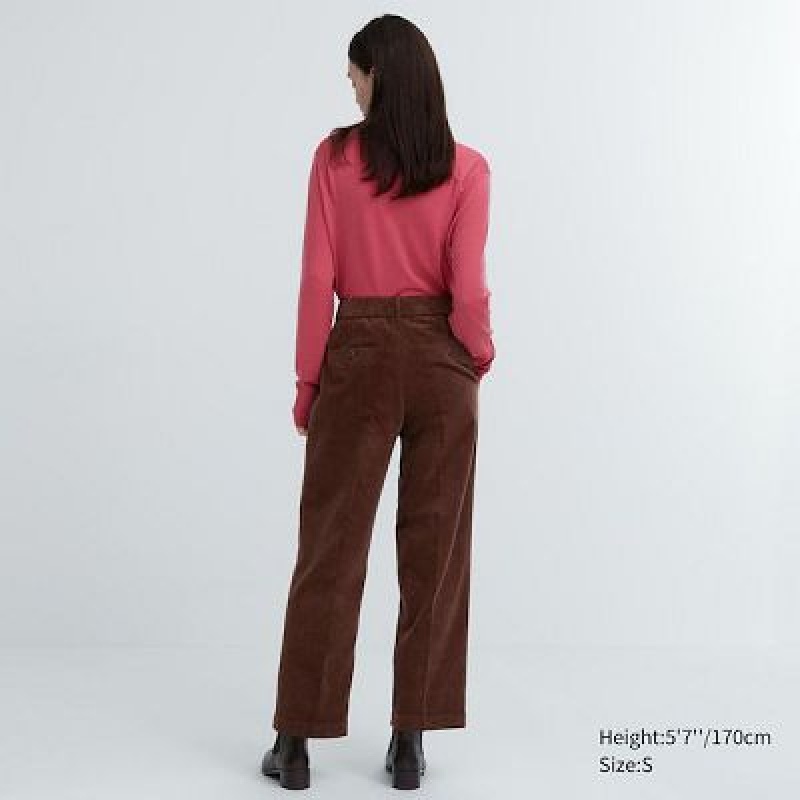 Pantalon Uniqlo Corduroy Wide-Fit Pleated Mujer Marrones | 4683530