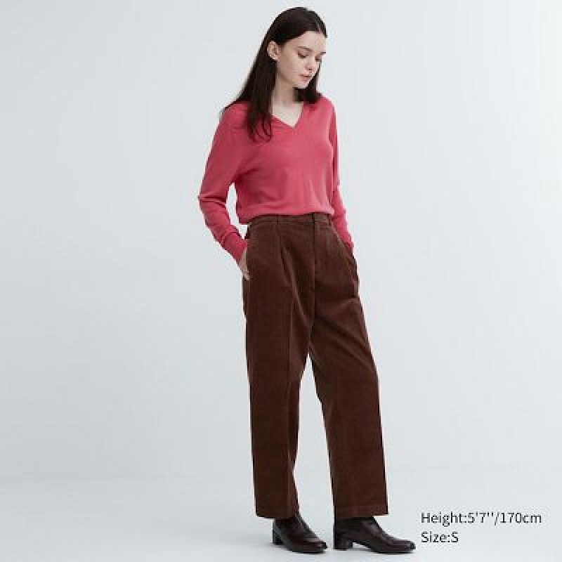 Pantalon Uniqlo Corduroy Wide-Fit Pleated Mujer Marrones | 4683530