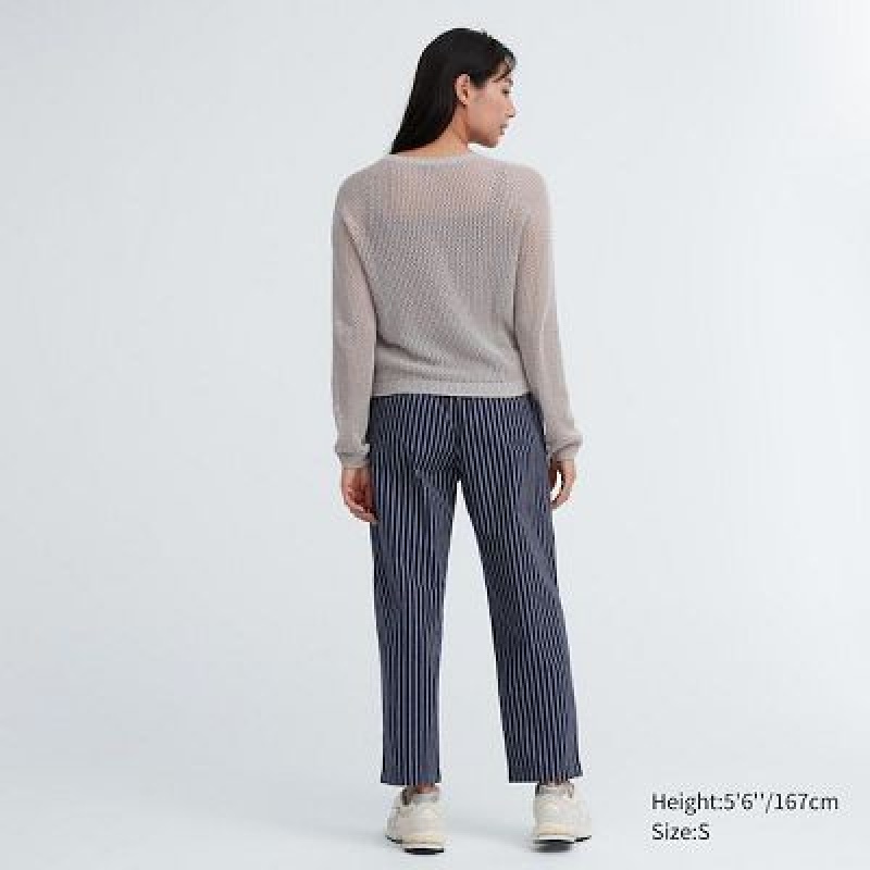Pantalon Uniqlo Cotton Striped Relaxed Ankle Mujer Azul Marino | 5145674