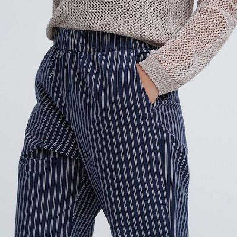 Pantalon Uniqlo Cotton Striped Relaxed Ankle Mujer Azul Marino | 5145674