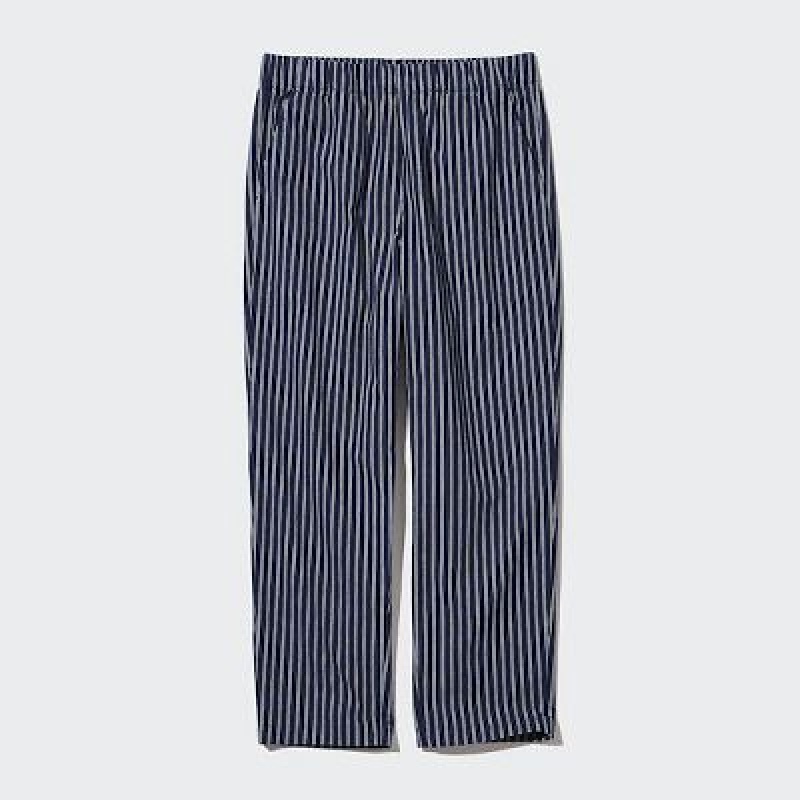 Pantalon Uniqlo Cotton Striped Relaxed Ankle Mujer Azul Marino | 5145674