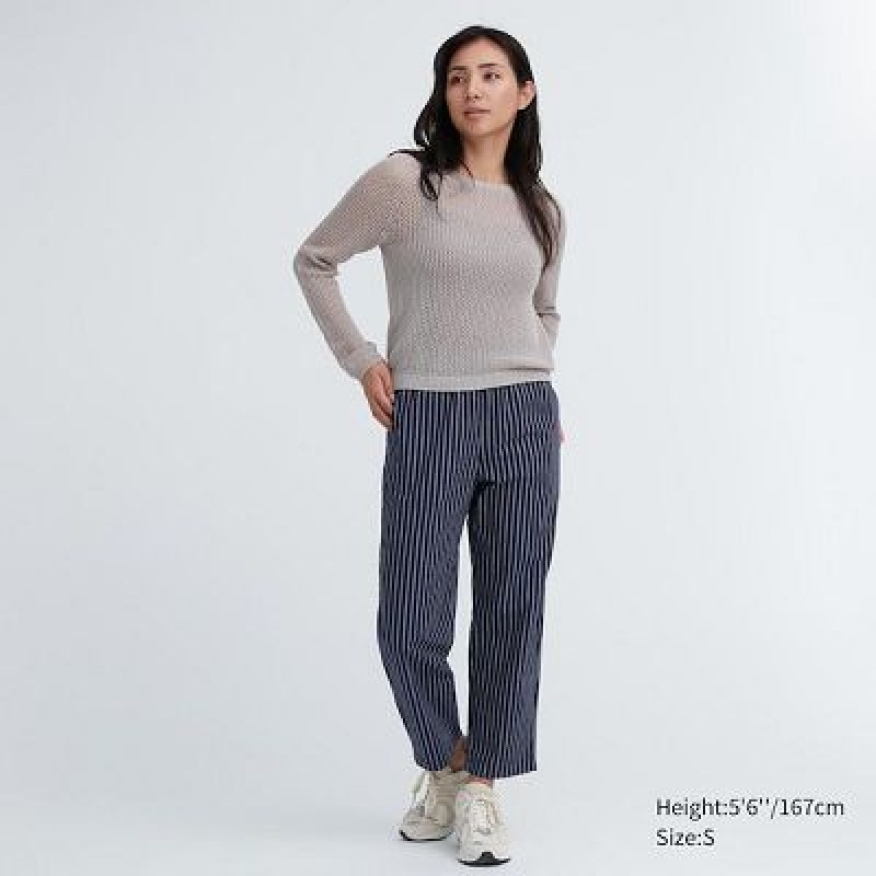 Pantalon Uniqlo Cotton Striped Relaxed Ankle Mujer Azul Marino | 5145674