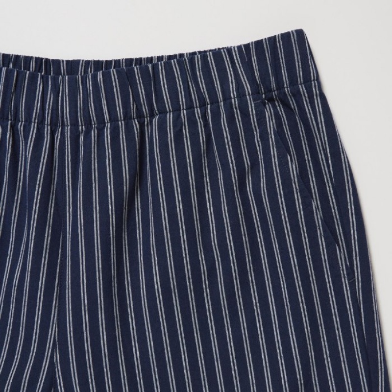 Pantalon Uniqlo Cotton Striped Relaxed Ankle Mujer Azul Marino | 726728