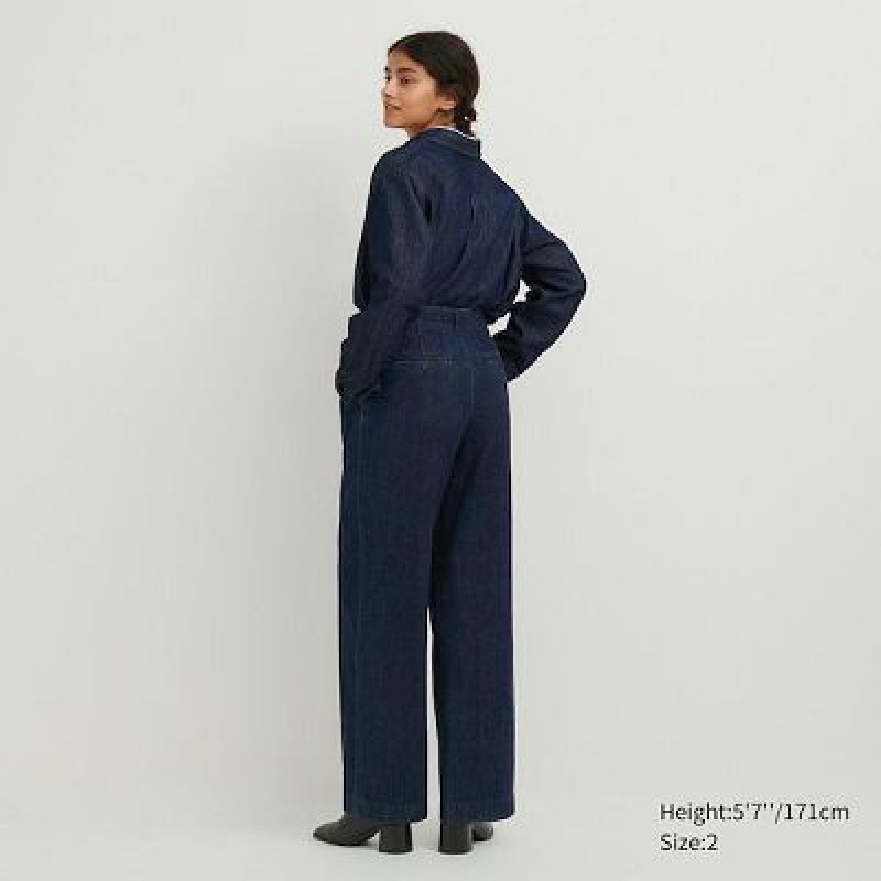 Pantalon Uniqlo Denim Wide-Fit Pleated Mujer Azul Marino | 8083782