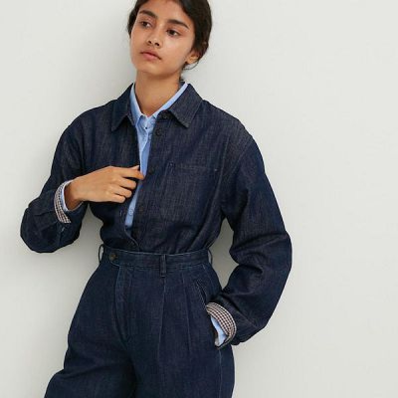 Pantalon Uniqlo Denim Wide-Fit Pleated Mujer Azul Marino | 8083782