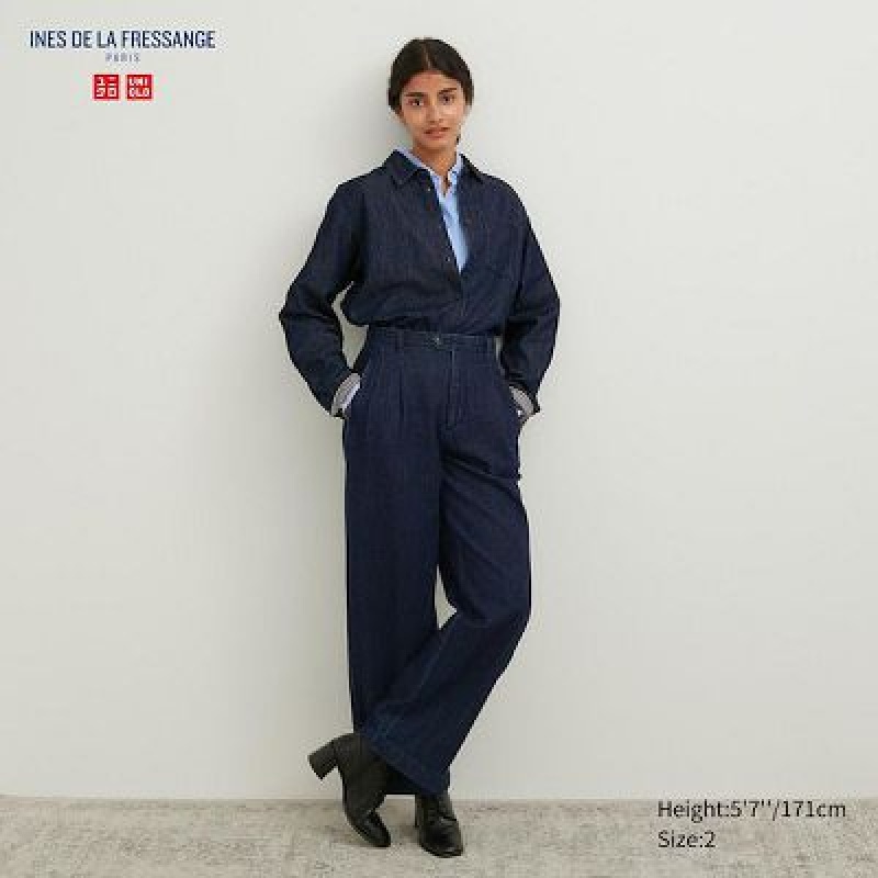 Pantalon Uniqlo Denim Wide-Fit Pleated Mujer Azul Marino | 8083782