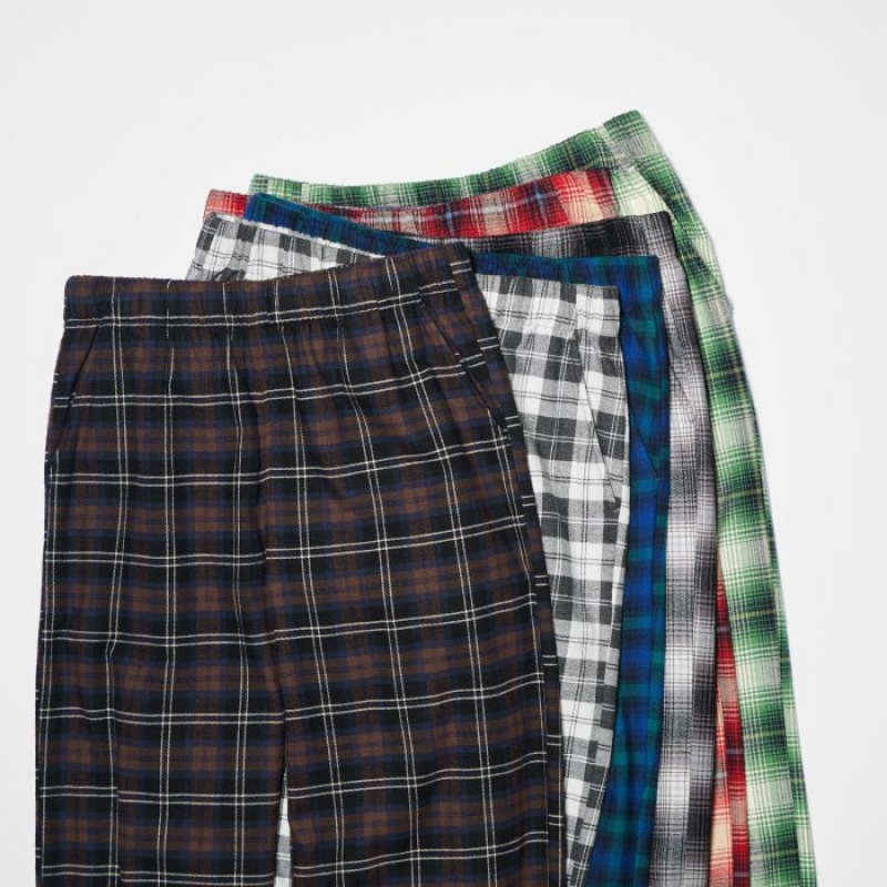 Pantalon Uniqlo Flannel Checked Lounge Mujer Azules | 4301532