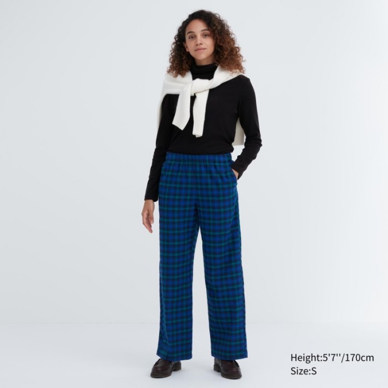 Pantalon Uniqlo Flannel Checked Lounge Mujer Azules | 4301532