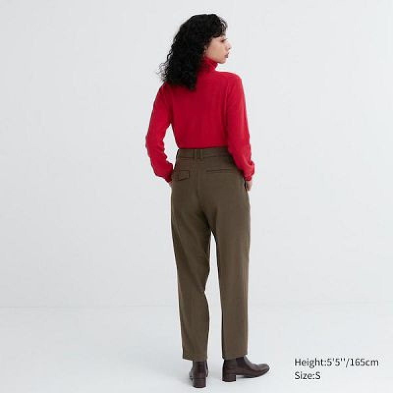 Pantalon Uniqlo HEATTECH Pleated Tapered Mujer Verde Oliva | 7685622