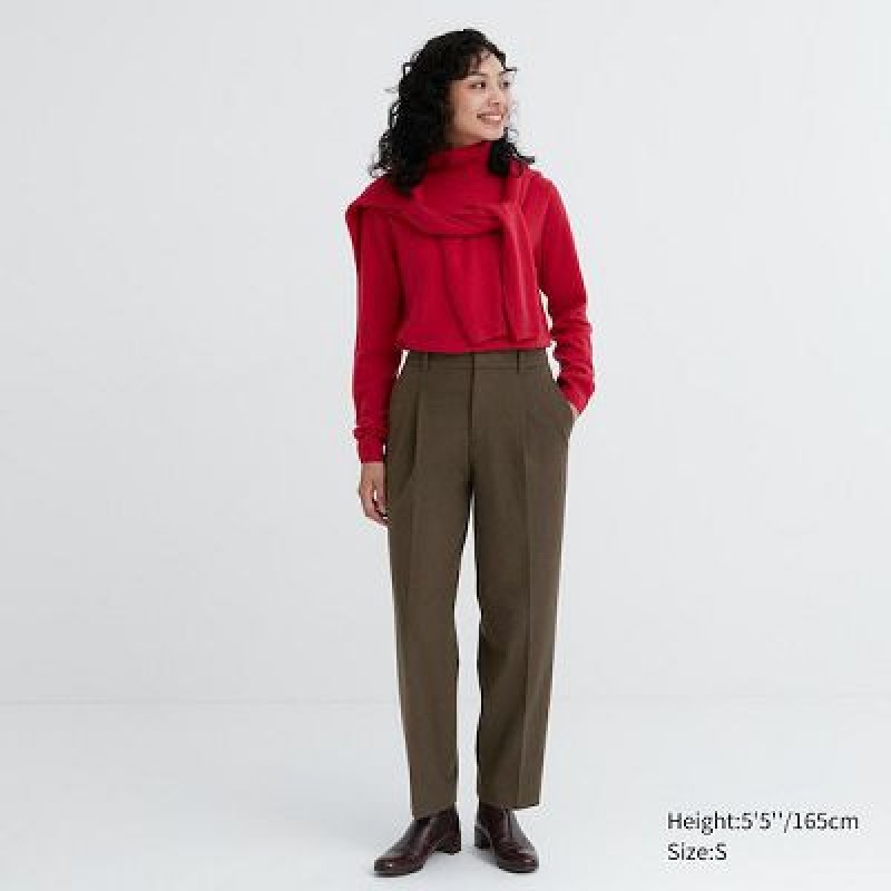 Pantalon Uniqlo HEATTECH Pleated Tapered Mujer Verde Oliva | 7685622