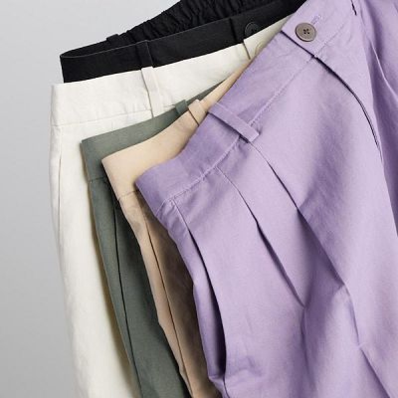 Pantalon Uniqlo Linen Blend Tucked Wide Mujer Moradas | 6313214