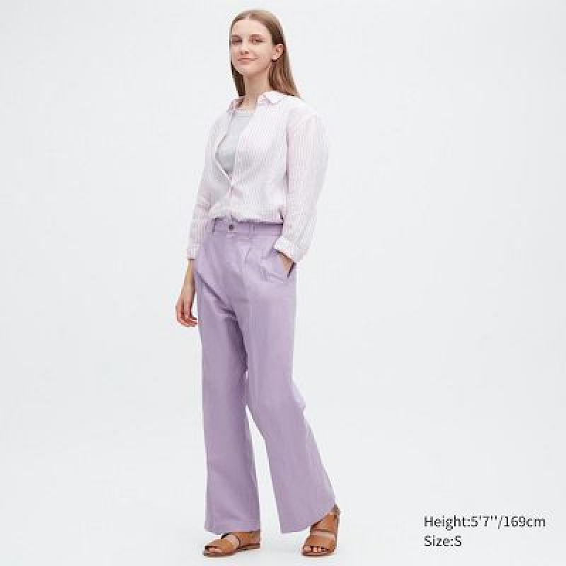 Pantalon Uniqlo Linen Blend Tucked Wide Mujer Moradas | 6313214