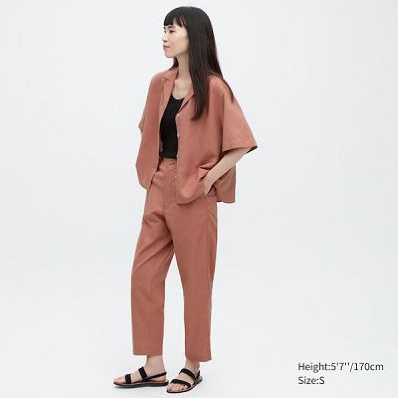 Pantalon Uniqlo Linen Cotton Tapered Mujer Marrones | 6250535