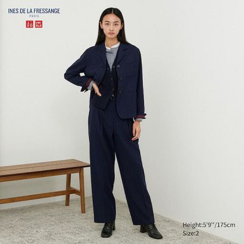Pantalon Uniqlo Tweed Wide-Fit Pleated Mujer Azul Marino | 9629743