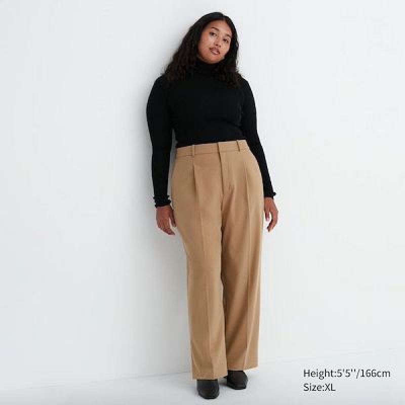 Pantalon Uniqlo Wide-Fit Pleated Mujer Beige | 6038919