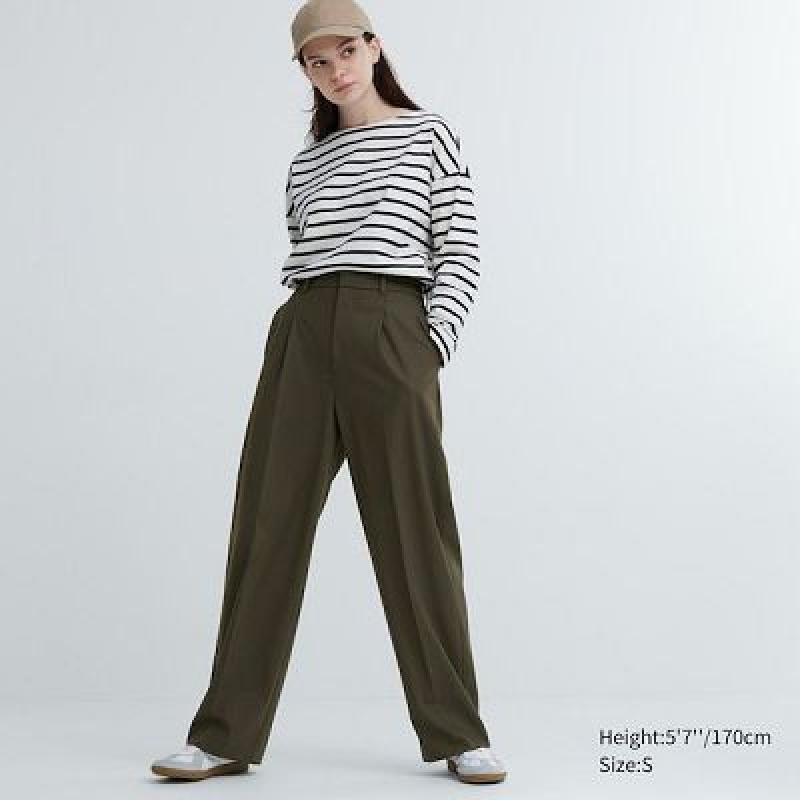 Pantalon Uniqlo Wide-Fit Pleated Mujer Verde Oliva | 1005976