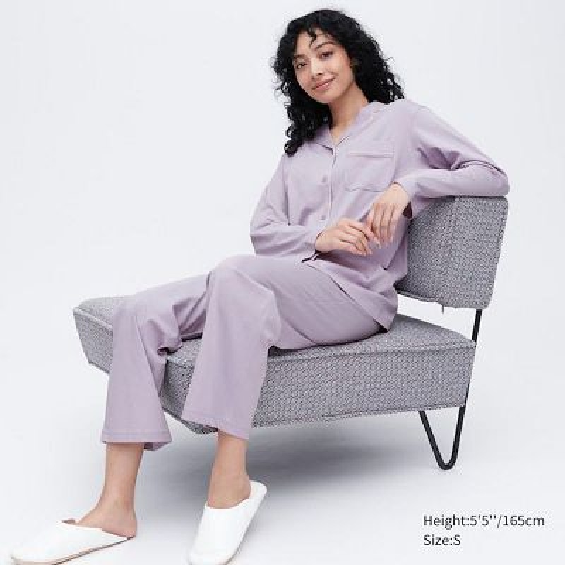 Pijama Uniqlo AIRism Cotton Long-Sleeve Mujer Moradas | 493656