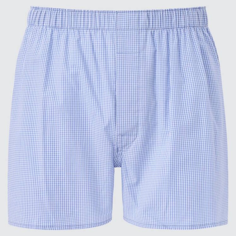 Ropa Interior Uniqlo Woven Checked Boxer Hombre Azules | 1950912