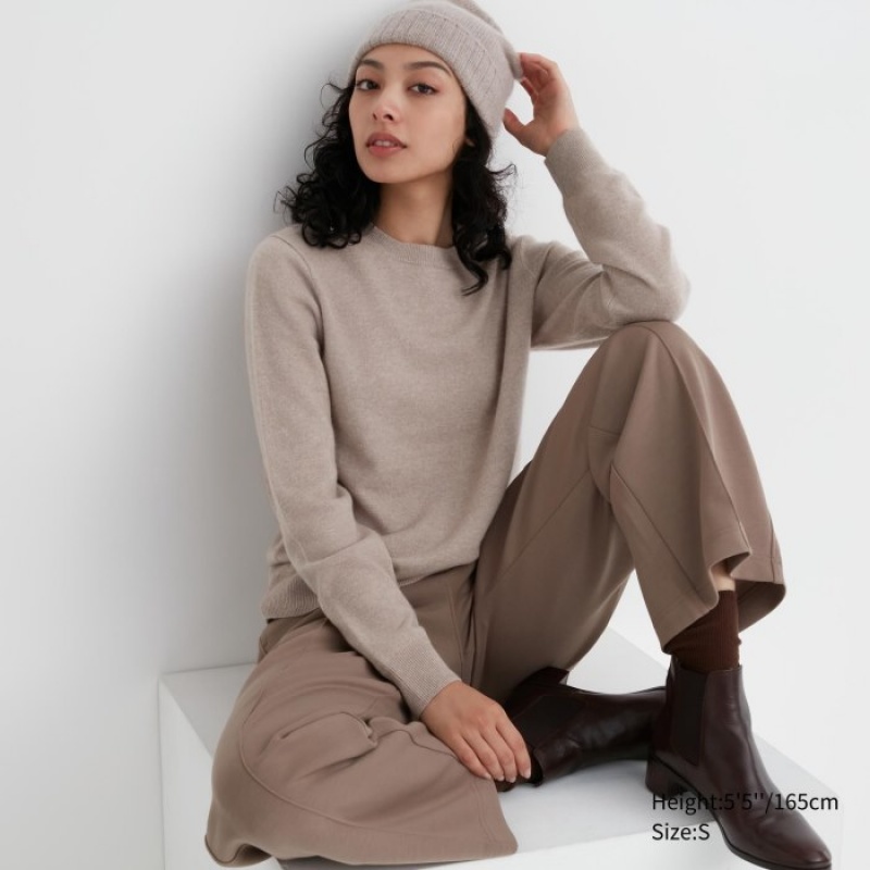 Suéteres Uniqlo Cashmere Crew Neck Long-sleeve Mujer Beige | 7677855