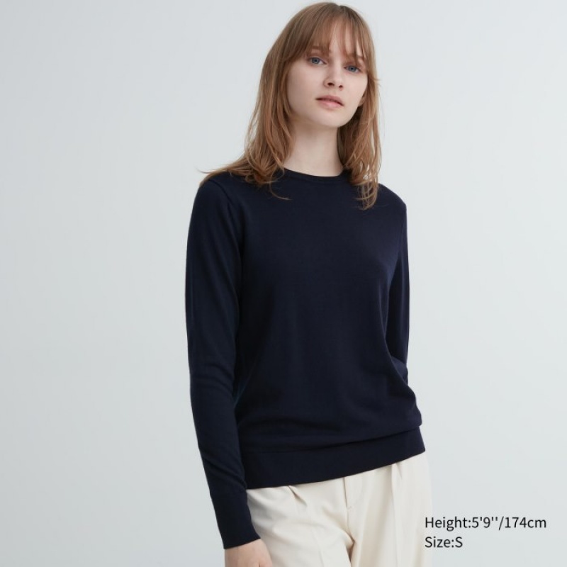 Suéteres Uniqlo Extra Fine Merino Crew Neck Long-Sleeve Mujer Azul Marino | 9339705