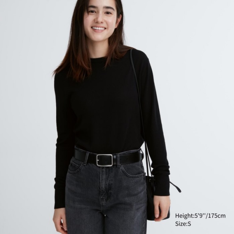 Suéteres Uniqlo Extra Fine Merino Crew Neck Long-Sleeve Mujer Negras | 6355497