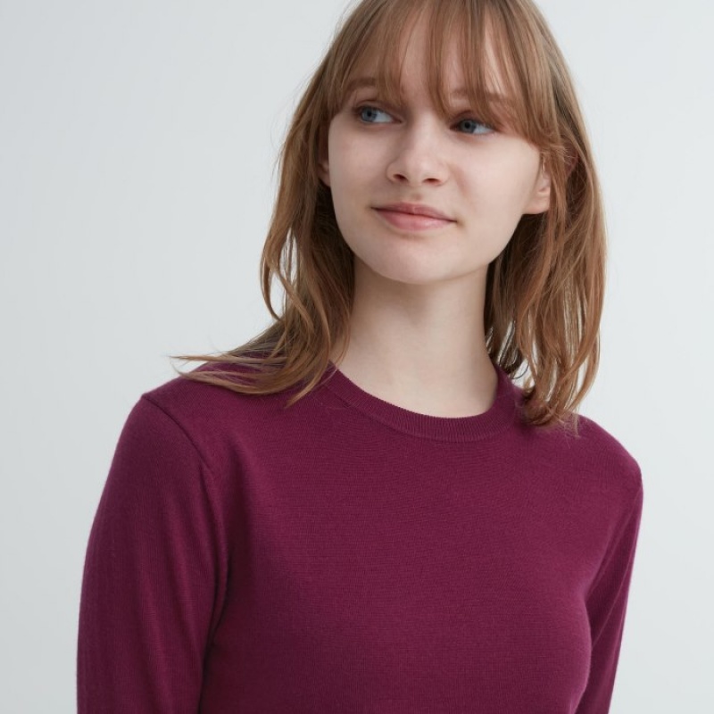 Suéteres Uniqlo Extra Fine Merino Crew Neck Long-Sleeve Mujer Burdeos | 759532