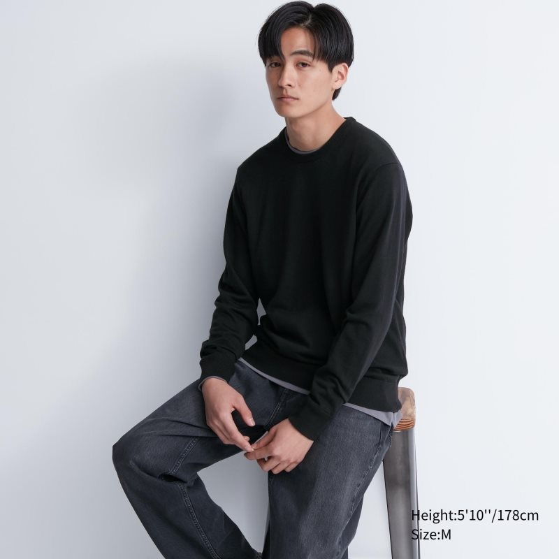 Suéteres Uniqlo Extra Fine Merino Crew Neck Hombre Negras | 1106613