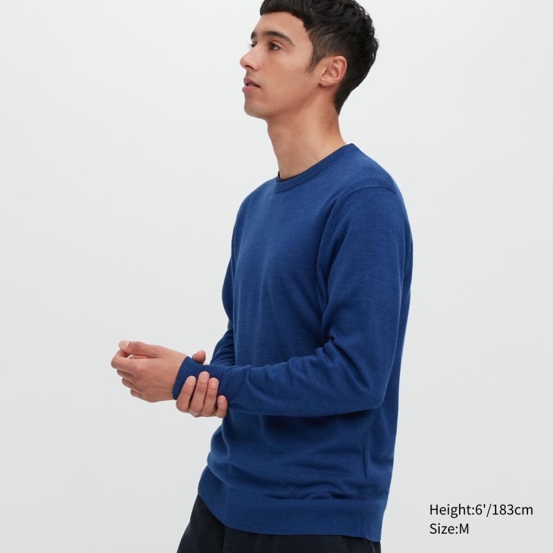 Suéteres Uniqlo Extra Fine Merino Crew Neck Hombre Azules | 9787659