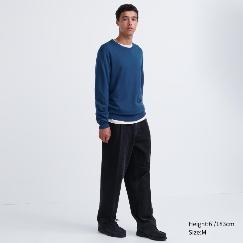 Suéteres Uniqlo Extra Fine Merino Crew Neck Hombre Azules | 5831123