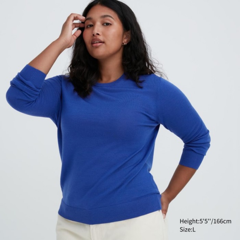 Suéteres Uniqlo Extra Fine Merino Crew Neck Long-Sleeve Mujer Azules | 417869