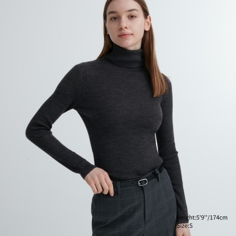 Suéteres Uniqlo Extra Fine Merino Ribbed Turtleneck Long-Sleeve Mujer Gris | 934172