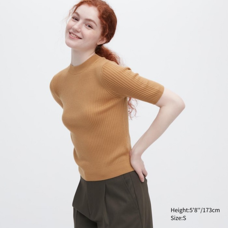 Suéteres Uniqlo Extra Fine Merino Ribbed Mock Neck Half-Sleeve Mujer Beige | 3950840