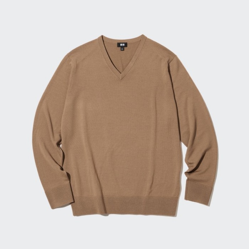 Suéteres Uniqlo Extra Fine Merino V-Neck Long-Sleeve Mujer Beige | 4991298